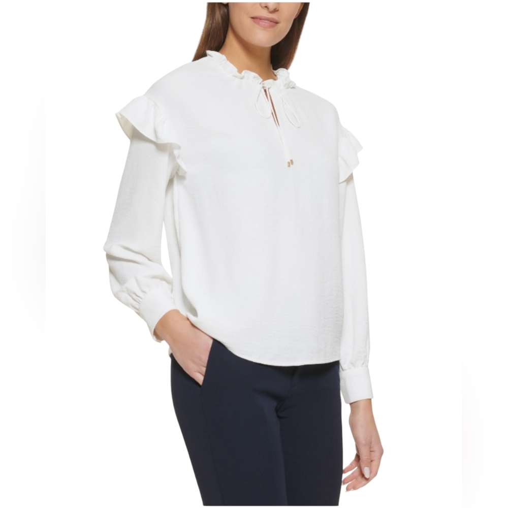 Tommy Hilfiger white ruffle shoulder tie neck peasant blouse XL